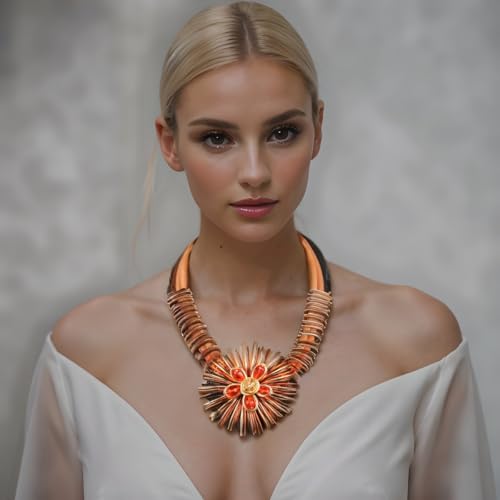 Ethnic Crystal Rhinestone Pendant Necklace Earrings Set Women Handmade Tribal Collar Choker Chunky Metal Bib Rope Chain African Statement Jewelry Set - color: NXR1418-orange