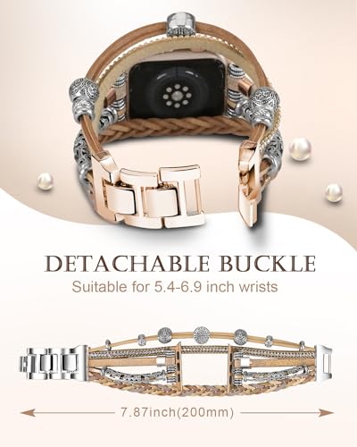 Compatible with Apple Watch Band 40mm for Women, Boho Bracelet for Apple Watch 38mm 41mm, Multilayer Leather Wrap Braided Strap for iWatch Series 11/10(42mm)/9/8/7/6/5/4/3/2/1/SE - color: A-Rose Gold, size: 42(series 11/10)/41/40/38mm