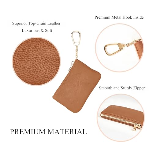 Full Grain Leather Coin Purse with Key Chain - Small Change Purse Keychain Card Holder Keychain Pouch Small Keychain Wallet for Women and Men (Brown) - color: Brown, Regular Size