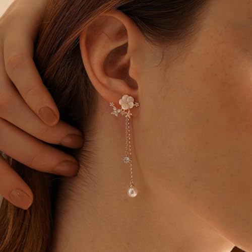 Pearl Earrings for Women Dainty Diamond Pearl Drop Earrings 14k Gold Plated Dangle Earrings for Women Weddings Gifts Bridesmaid Gifts - color: E-gold pearl earrings