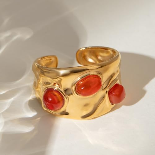 Boho Red Heart Gold Band Rings Pearl Ring, Dainty Adjustable Statement Rings, Open Wrap Stackable Finger Ring Gold Fashion Jewelry Gifts for Women - color: Gold Solid Ring - Red Heart