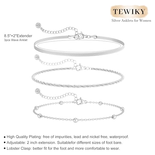 Tewiky Sterling Silver Plated Ankle Bracelets for Women,Dainty Layered Waterproof Anklet for Women Adjustable Sparkly Herringbone Beaded Rope Chain Set Stackable Cute Summer Beach Jewelry Gift - color: silver2
