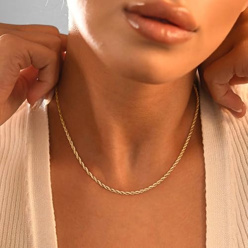 Jewlpire 1.5mm Rope Chain 925 Sterling Silver Chain Necklace for Women, 14K Gold Plated Chains for Women Dainty & Sturdy Women's Chains Necklace 16 18 20 22 24 26 Inch - color: 14K Gold Plated, size: 16 Inch