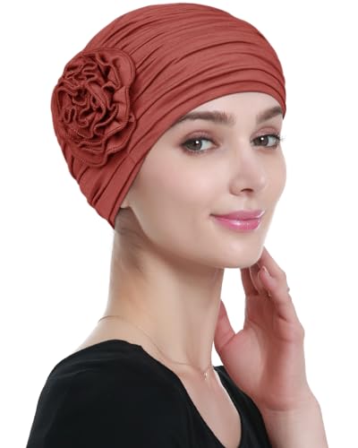 Alnorm Flower Design Chemo Hair Loss Caps Cancer Headwear for Women - color: Dusty Orange-red