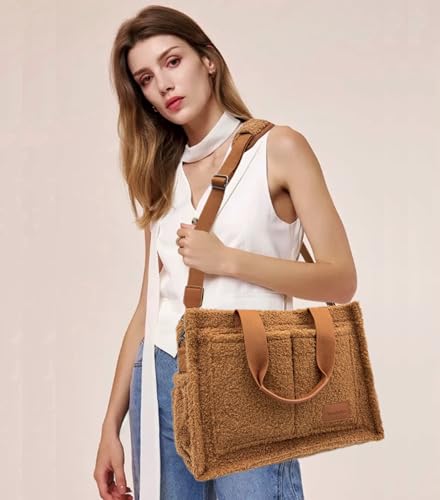 Large Canvas Tote Bag for Women Work Tote Bags with Pockets Laptop Crossbody Purses Everyday Bag Handbags for Travel - color: Plush Brown