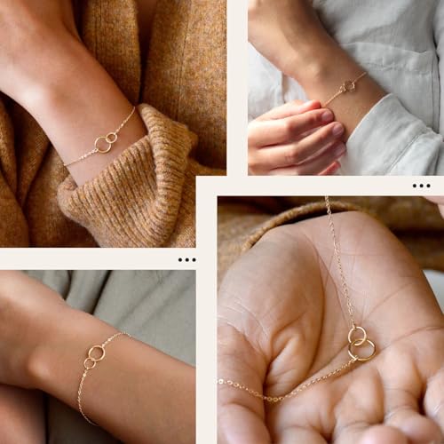 NOKMIT Solid 925 Sterling Silver Bracelets for Women, Dainty Interlocking Circles Cubic Zirconia Adjustable Chain Bracelet, Trendy Stackable Link Bracelets, Simple Cute Jewelry Gifts - color: Gold Interlocking Circles