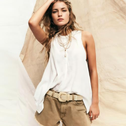 HOTWILL Women Straw Woven Belt Boho Elastic Stretch Braided Waist Belts for Summer Dresses - color: Beige_d Ring Buckle