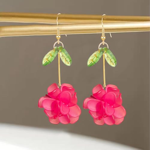Resin Flower Cluster Ball Dangle Drop Earrings for Women Spring Summer Bohemian Floral Petal with Green Leaf Earrings Vacation Party Jewelry - color: Hot Pink