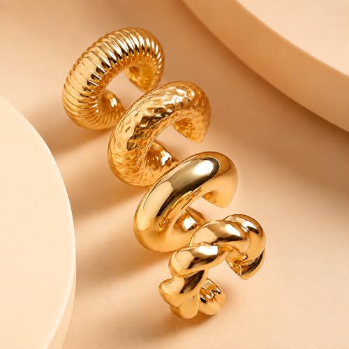 KISS WIFE 4 Pcs Chunky Ear Cuffs Non Piercing for Women, 14K Gold Plated Clip On Cartilage Hoop Earrings Jewelry Gifts - color: Gold
