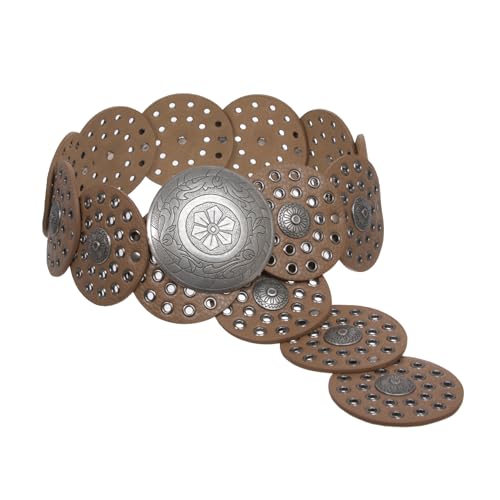 Beltiscool 3 1/2" (90 mm) Wide Ladies Wide Boho Disc Concho Leather Belt - color: Camel, size: S - 39 END-TO-END