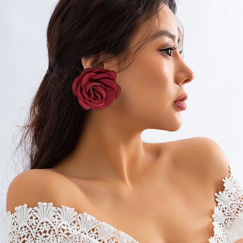 OIDIMS Rose Flower Jewelry Set for Women Classic Velvet Camellia Satin Flowers Choker Necklace Sexy Charms Floral Earring Bracelet for Party Bride Wedding Party Summer Holiday Necklaces - color: Red