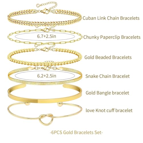 6Pcs 14K Gold Plated Bracelets for Women Layered Bangle Cuff Stack Set Adjustable Stacking Jewelry Set Gifts - color: 6PC-gold