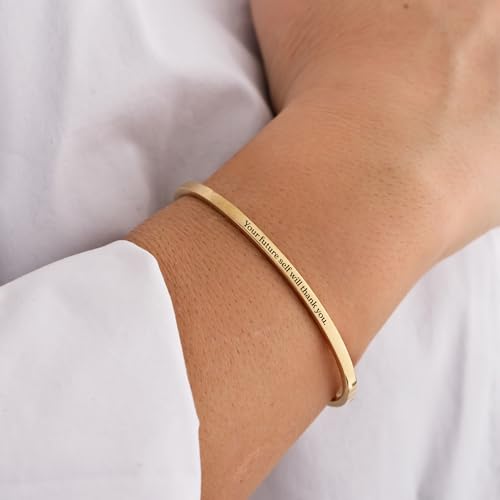 MIONZA 18K Gold Vermeil Personalized Bangle Bracelet for Women, Custom Engraved Cuff with Personal Text