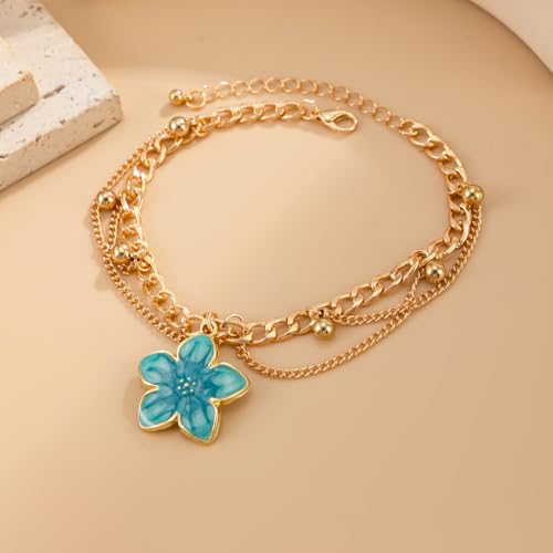 Fashion Layered Flower Charm Anklet for Women Golden Cuban Link Chain Tassel Waterproof Ankle Bracelet Adjustable Beach Vacation Foot Jewelry Summer Accessories - color: Bule floral