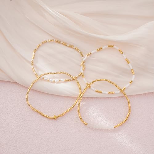 Dainty Gold Plated Pearl Crystal Beaded Bracelets Set for Women 14K Gold Plated Bead Pearl Beads Bracelet Stackable Paperclip Link Chain Bracelets Gold Plated Bracelets for Women Trendy Jewelry - color: Style10-cross pcs