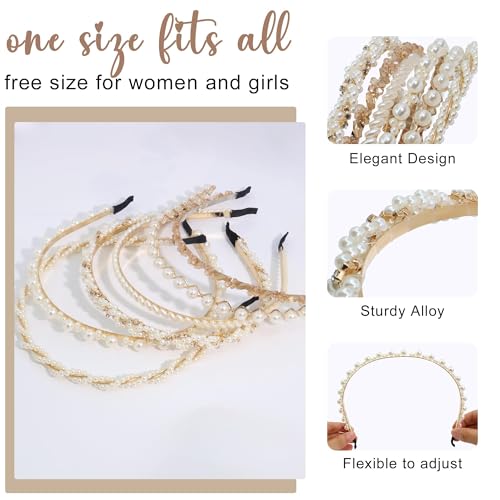 6 Pcs Pearl Headbands for Women, Thin Gold Metal Faux Pearl Hair Bands, Sparkly Rhinestone Crystal Beaded Hair Hoops, Elegant Bridal Wedding Hair Accessories for Girls - color: Pearl Rhinestone