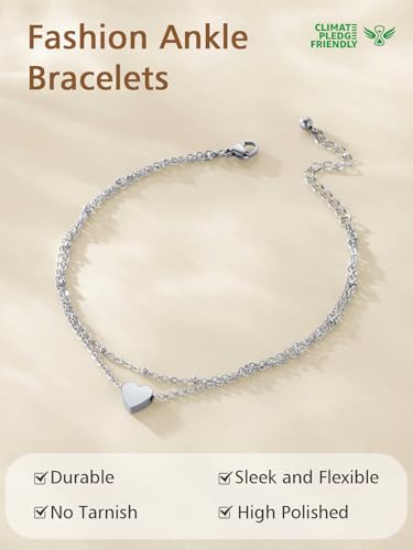 FindChic Stainless Steel Ankle Bracelets for Women, Waterproof Figaro/Cuban/Box/Beaded Chain Anklets, Summer Beach Foot Jewelry, 8.5''-10.5'' Adjustable Length, with Gift Box - style: Layered Heart Charm-Silver