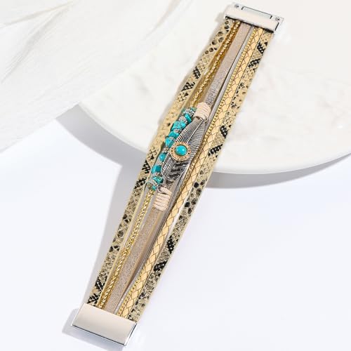 VIBILIA Boho Leather Wrap Bracelets for Women Men Multi-Layer Bracelets with Strong Clasp Western Jewelry - color: 09-Gravel Feather-Gold