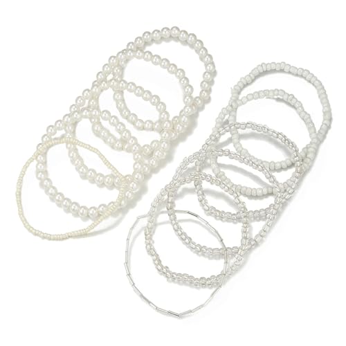 Handmade Bohemian Colorful Crystal Beaded Bracelets Set Multilayered Stackable Boho Stretch Adjustable Bangle Cuff Friendship Summer Beach Jewelry for Women - color: white