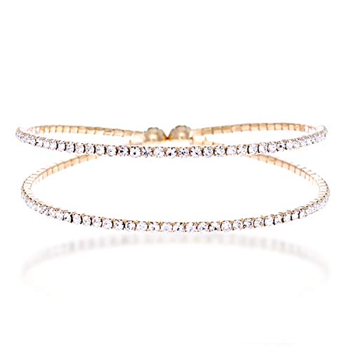 NTLX Crystal Bracelet for Women – Rhinestone Bangle Bracelet – Silver & Gold Plated - Flexible & Adjustable – Two Row - Bridal, Wedding, Prom, Party, Pageant, Evening, Casual, Bracelet - with Gift Box - color: Gold