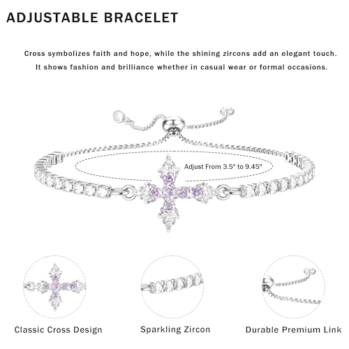 VIBILIA Bracelets for Women, Cross Bracelets for Women Trendy, Dainty Tennis Bracelet, Catholic Gift for Mom Daughter Wife Sister Friend, Communion Gift on Birthday Valentine's Day Easter Mother's Day - color: D. Silver-Purple