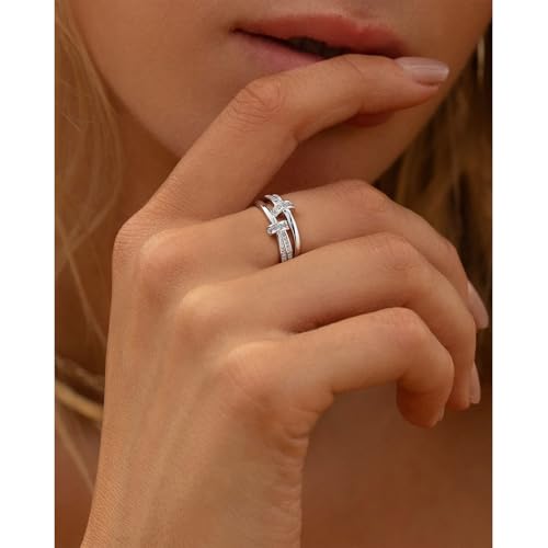 FISSEN JEWELRY Gold Rings for Women, Non Tarnish Dainty 14k Gold Plated Silver CZ Cross Ring Cute Cubic Zirconia Pinky Thumb Stackable Band Silver Finger Rings Size 6-10 Jewelry for Her - color: Silver Diamond Circle