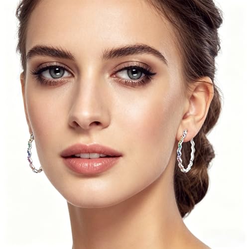 NARMO 925 Sterling Silver Hoop Earrings for Women Hypoallergenic Lightweight Simple Huggie Hoop Earrings Twisted Hoop Earrings Colorful Cubic Zirconia Hoop Earrings Rainbow Hoop Earrings - color: Rainbow