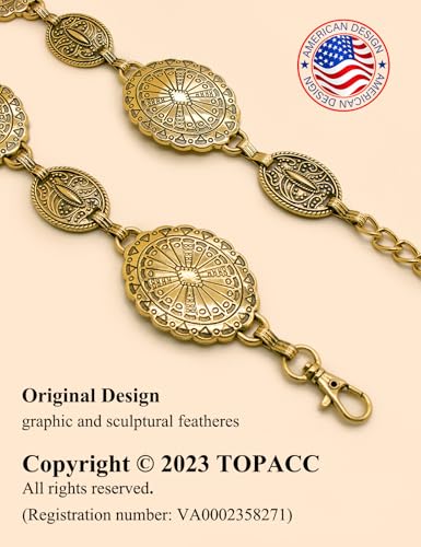 TOPACC Western Metal Concho Belt for Women Cowgirl Chain Belts for Dresses Jeans Country Concert Outfit - color: D Yellow Gold, size: Fit Waist: 34-36 in