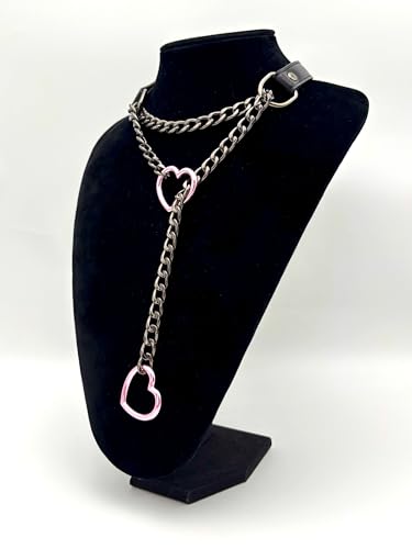 Black Leather Choker Collar For Women, Handmade Heart Slip Chain Choker Long Necklace with Adjustable Buckle - color: B-Black-Black-Pink, size: 18''chain