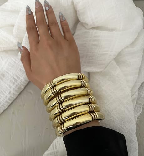 iF YOU 6pcs Chunky Acrylic Bangle Bracelets for Women, Resin Bamboo Brown Stretchy Bracelet Stack, Fashion Jewelry for Women - color: 6 Gold chunky acrylic bracelets