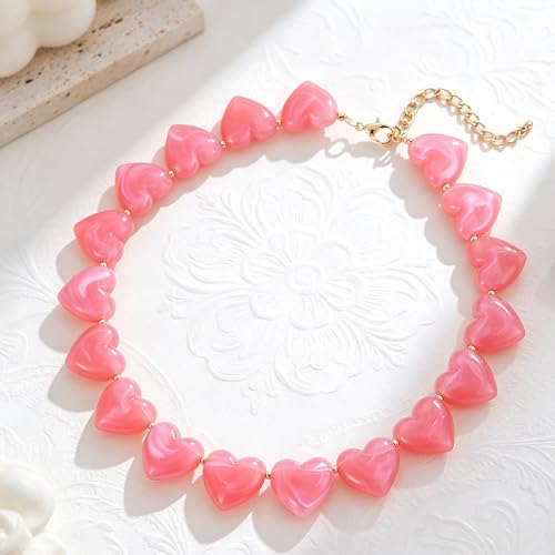 YUJIE Amber Acrylic Heart Choker Necklace for Women Vintage Punk Chunky Necklace Trendy Fashion Accessory - color: pink