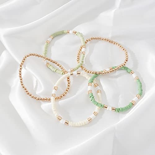 GOOJIDS Surfer Heishi Clay Bead Bracelets for Women Bohemian Stackable Gold Plated Beaded Stretch Bracelets Elastic Layering Friendship Bracelets Set Boho Jewelry - color: C-New Green Color Sets