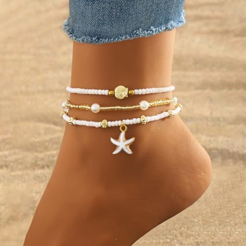 Ankle Bracelets for Women Waterproof Beach Jewelry for Women Elastic Beaded Anklets Boho Seashell Pearl Starfish Anklets for Women Foot Jewelry - style: 4 - 3 layer shell starfish