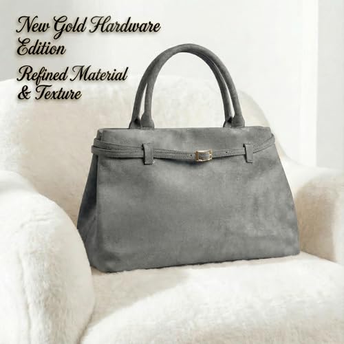 Base’ic Women’s Suede Tote Bag with Gold Hardware – Trendy Slouchy Shoulder Hobo Satchel Handbag Work Purse Travel Gift - color: Grey (Gold Hardware)