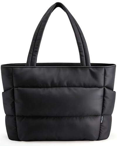 HOTOR Puffer Tote Bag for Women, Nurses - Multi-Pocket Lightweight Bag for Work - Quilted Handbag for Travel and Gym - color: Black, size: 20.1" × 6.7" × 13.4"