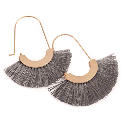 Bohemian Silky Thread Tassel Strand Fringe Statement Hoop Earrings - Lightweight Semi Circle Fan Threader, Mermaid Hoops - color: Fan Tassel Threader - Dark Gray