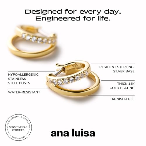 Ana Luisa Double Hoop Earrings for Women - 14K Gold Plated & Silver Rhodium Huggie Hoops - Hypoallergenic, Water-Resistant, Tarnish-Free, Small, Dainty & Trendy Two Hoop Earring Styles for Daily Wear - color: Gold Cubic Zirconia, size: Mini