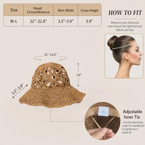 Handmade Women's Crochet Straw Bucket Hat Packable Daisy Beach Cap | Adjustable Inner Drawstring, Airy Lightweight Paper Fiber, Face Shade, Easy Storage, Feminine Openwork Floral Style - color: Brown