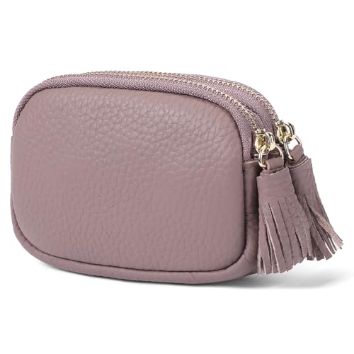 SENDEFN Coin Purse Keychain Small Genuine Leather Women Wallet 2 Zippers Around Key Ring Change Pouch Cash Holder - color: 3-Pink