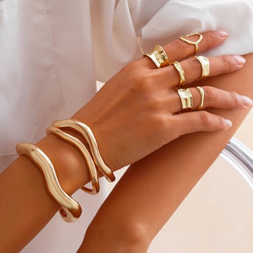 Chunky Rings for Women Adjustable Thick Rings Set Trendy Statement Stackable Ring for Women Chunky Jewlery Irregular Dome Flower Finger Knkuckle Thumb Ring - style: Style 3 - 6pcs g