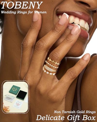 TOBENY Stackable Gold Rings for Women Non Tarnish Dainty 14K Gold Plated Stacking Cubic Zirconia Thumb Ring Set Trendy Statement Promise Wedding Bands Engagement Rings for Women Size 6 7 8 9 10 - color: 05-4Pcs Stacking Rings