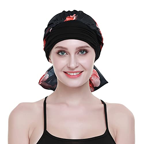 Chemo Headwear Turbans for Women Long Hair Head Scarf Headwraps Cancer Hats - color: Dark Red Black
