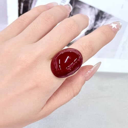 Kokoma Geometric Oval Statement Ring for Women Minimalist Open Adjustable Ring Gold Plated Bold Dome Cocktail Rings Promise Anniversary Band Jewelry - color: Red