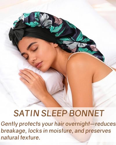 AWAYTR Long Satin Bonnet for Braids - Elastic Silk Hair Bonnets for Sleeping Night Cap Stretchy Tie Band for Women（Flower D） - color: Flower D