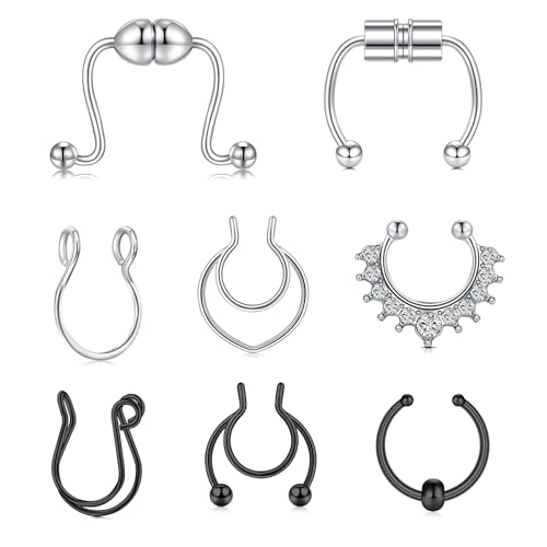 MODRSA Fake Nose Stud Fake Nose Ring Stud Fake Nose Piercing Fake Lip Ring Fake Earrings Stud Silver Gold Fake Cartilage Helix Earring Clip on Earring Hoop Fake Eyebrow Ring Fake Bridge Piercing - color: H-Fake septum - silver black