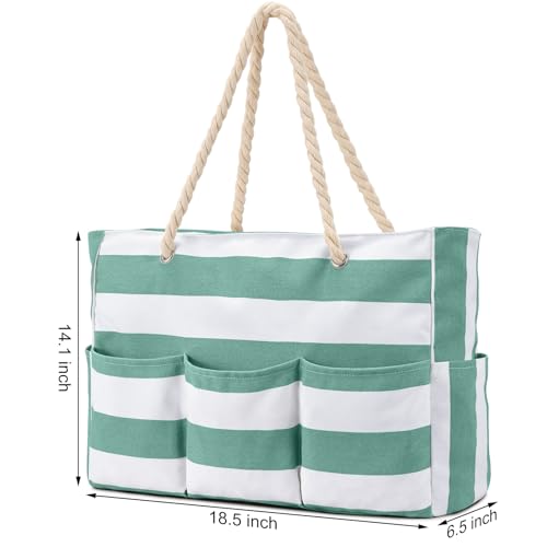 Becokan Beach Bags for Women Canvas Large Beach Tote Bag Zipper Waterproof Sandproof Foldable Swim Pool Bag with 7 Pockets - color: Green