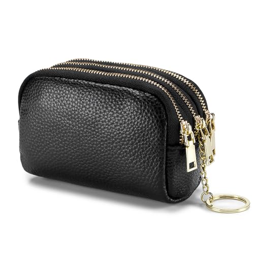 SENDEFN Small Coin Purse Leather 3 Zippered Change Pouch Wallet with Key Ring for Women - color: 1-Black