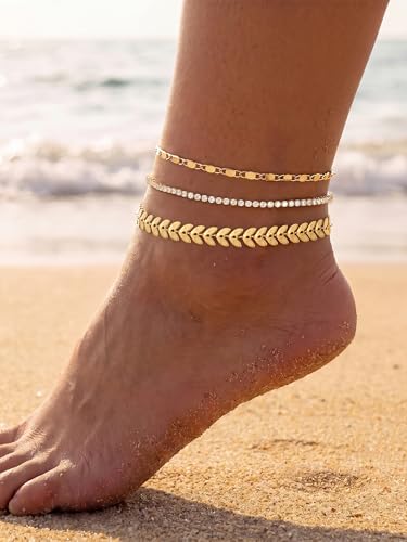 14K Gold/Silver Plated Ankle Bracelets for Women Anklet Set Waterproof Tarnish Resistant Adjustable Dainty Layered Lightweight Hypoallergenic Vacation Beach Pool Party Summer Jewelry Gift - style: Style1