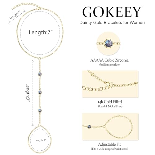 Gokeey Gold Hand Chain Bracelet for Women Trendy, Dainty 14k Gold Plated Ring Bracelet Hand Chain Finger Ring Slave Cuff Bracelet Cubic Zircon Hand Jewelry for Women Accessories - style: 3cz hand chain-Dec