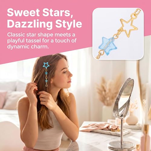 Pndeyo 2pcs Star Tassels Hair Clips for Women, Non-Slip 2000s Y2K Hair Snap Barrettes, Cute Star Beaded Pendant Hair Pin Accessories for Braid Long Short Thin Thick Hair- Blue - color: Blue-2pcs-B Style